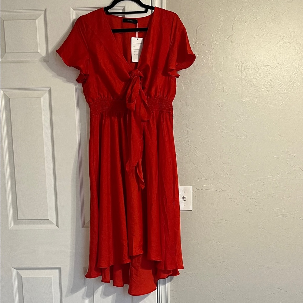 Tie-Front Red High-Low Dress with Flutter Sleeves